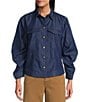 John Mark Woven Point Collar 3/4 Tucked Sleeve Button Front Denim Blouse, Color:Dark Indigo - Image 1