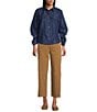 John Mark Woven Point Collar 3/4 Tucked Sleeve Button Front Denim Blouse, Color:Dark Indigo - Image 3