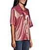 John Mark Woven Point Collar Short Dolman Sleeve Shimmer Pleat Button Front Blouse, Color:Dusty Rose - Image 3
