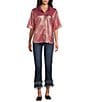 John Mark Woven Point Collar Short Dolman Sleeve Shimmer Pleat Button Front Blouse, Color:Dusty Rose - Image 5