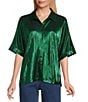John Mark Woven Point Collar Short Dolman Sleeve Shimmer Pleat Button Front Blouse, Color:Green - Image 1