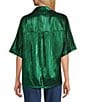 John Mark Woven Point Collar Short Dolman Sleeve Shimmer Pleat Button Front Blouse, Color:Green - Image 2