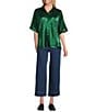 John Mark Woven Point Collar Short Dolman Sleeve Shimmer Pleat Button Front Blouse, Color:Green - Image 3
