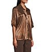 John Mark Woven Point Collar Short Dolman Sleeve Shimmer Pleat Button Front Blouse, Color:Brown - Image 3