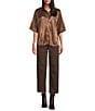 John Mark Woven Point Collar Short Dolman Sleeve Shimmer Pleat Button Front Blouse, Color:Brown - Image 5