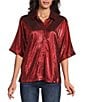 John Mark Woven Point Collar Short Dolman Sleeve Shimmer Pleat Button Front Blouse, Color:Red - Image 1