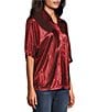 John Mark Woven Point Collar Short Dolman Sleeve Shimmer Pleat Button Front Blouse, Color:Red - Image 3