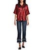 John Mark Woven Point Collar Short Dolman Sleeve Shimmer Pleat Button Front Blouse, Color:Red - Image 5