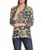 John Mark Woven Quilt Patchwork Mix Print Wire Collar 3/4 Sleeve Top - Image 1