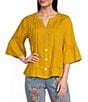 John Mark Woven Split V-Neck 3/4 Ruffle Sleeve Button-Front Blouse - Image 5