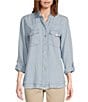 Color:Denim Stripe - Image 1 - Woven Stripe Wire Collar Long Roll-Tab Sleeve High-Low Hem Button-Front Blouse