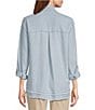Color:Denim Stripe - Image 2 - Woven Stripe Wire Collar Long Roll-Tab Sleeve High-Low Hem Button-Front Blouse