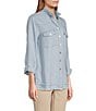 Color:Denim Stripe - Image 3 - Woven Stripe Wire Collar Long Roll-Tab Sleeve High-Low Hem Button-Front Blouse
