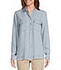 Color:Denim Stripe - Image 5 - Woven Stripe Wire Collar Long Roll-Tab Sleeve High-Low Hem Button-Front Blouse