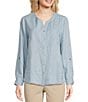 Color:Chambray - Image 1 - Woven Tonal Embroiderd Split Round Long Sleeve Button Front Blouse