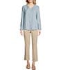 Color:Chambray - Image 3 - Woven Tonal Embroiderd Split Round Long Sleeve Button Front Blouse