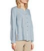 Color:Chambray - Image 4 - Woven Tonal Embroiderd Split Round Long Sleeve Button Front Blouse