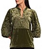 John Mark Woven Velvet Embroidered Split V-round 3/4 Sleeve Pullover Top - Image 1