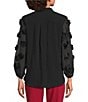 John Mark Woven Wire Collar Sheer 3D 3/4 Rosette Sleeve Button Front Blouse, Color:Black - Image 2
