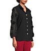 John Mark Woven Wire Collar Sheer 3D 3/4 Rosette Sleeve Button Front Blouse, Color:Black - Image 3