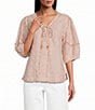 John Mark Woven Yarn-Dye Stripe Lace Up V-Neck 3/4 Sleeve Frayed Top - Image 1