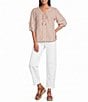 John Mark Woven Yarn-Dye Stripe Lace Up V-Neck 3/4 Sleeve Frayed Top - Image 3