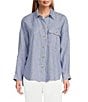John Mark Woven Yarn-Dye Stripe Point Collar Long Roll-Tab Sleeve Button-Front Shirt - Image 4