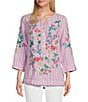 Color:Pink Stripe - Image 1 - Yarn Dye Stripe Floral Embroidered Split Band Collar 3/4 Roll-Tab Sleeve High-Low Hem Tunic