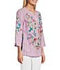 Color:Pink Stripe - Image 3 - Yarn Dye Stripe Floral Embroidered Split Band Collar 3/4 Roll-Tab Sleeve High-Low Hem Tunic