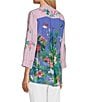 Color:Pink Stripe - Image 4 - Yarn Dye Stripe Floral Embroidered Split Band Collar 3/4 Roll-Tab Sleeve High-Low Hem Tunic