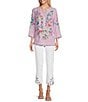 Color:Pink Stripe - Image 5 - Yarn Dye Stripe Floral Embroidered Split Band Collar 3/4 Roll-Tab Sleeve High-Low Hem Tunic