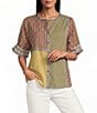 John Mark Yarn Dyed Mixed Check Patchwork Embroidered Band Collar Dolman Elbow Sleeve Button Front Shirt - Image 1