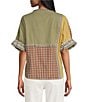 John Mark Yarn Dyed Mixed Check Patchwork Embroidered Band Collar Dolman Elbow Sleeve Button Front Shirt - Image 2