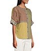John Mark Yarn Dyed Mixed Check Patchwork Embroidered Band Collar Dolman Elbow Sleeve Button Front Shirt - Image 3
