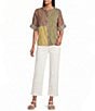 John Mark Yarn Dyed Mixed Check Patchwork Embroidered Band Collar Dolman Elbow Sleeve Button Front Shirt - Image 4