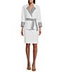 Color:Navy/White - Image 1 - Crepe and Houndstooth Notch Lapel Rolled Sleeve Button Front Blazer Jacket and Skirt Set