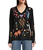 JOHNNY WAS Adela Embroidered V-Neck Long Sleeve Tee, Color:Black - Image 1
