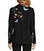 Color:Black - Image 2 - Adela Placement Floral & Wildlife Embroidered V-Neck Long Sleeve Slit Cuff Tee Shirt