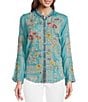 Color:Marine Blue - Image 1 - Allbee Embroidered Floral Geometric Print Ruffle Banded Collar Long Sleeve Button Front Scallop Hem Blouse