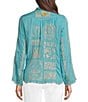 Color:Marine Blue - Image 2 - Allbee Embroidered Floral Geometric Print Ruffle Banded Collar Long Sleeve Button Front Scallop Hem Blouse