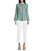 Color:Marine Blue - Image 3 - Allbee Embroidered Floral Geometric Print Ruffle Banded Collar Long Sleeve Button Front Scallop Hem Blouse