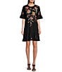 JOHNNY WAS Andrean Placement Floral Embroidery Knit Jersey Round Neck Short Sleeve Shift Dress, Color:Black - Image 1