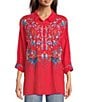 JOHNNY WAS Audrey Embroidered Placement Floral Point Collar Roll-Tab Long Sleeve Five-Button Half-Placket Tunic, Color:Racing Red - Image 1