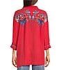 JOHNNY WAS Audrey Embroidered Placement Floral Point Collar Roll-Tab Long Sleeve Five-Button Half-Placket Tunic, Color:Racing Red - Image 2