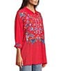 JOHNNY WAS Audrey Embroidered Placement Floral Point Collar Roll-Tab Long Sleeve Five-Button Half-Placket Tunic, Color:Racing Red - Image 3
