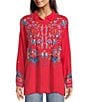 JOHNNY WAS Audrey Embroidered Placement Floral Point Collar Roll-Tab Long Sleeve Five-Button Half-Placket Tunic, Color:Racing Red - Image 5