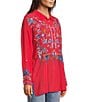 JOHNNY WAS Audrey Embroidered Placement Floral Point Collar Roll-Tab Long Sleeve Five-Button Half-Placket Tunic, Color:Racing Red - Image 7