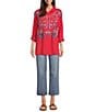 JOHNNY WAS Audrey Embroidered Placement Floral Point Collar Roll-Tab Long Sleeve Five-Button Half-Placket Tunic, Color:Racing Red - Image 9