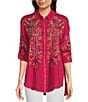 Color:Ultra Pink - Image 1 - Cachemire Point Collar Long Sleeve Floral Embroidery Button Front Tunic