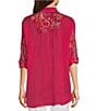 Color:Ultra Pink - Image 2 - Cachemire Point Collar Long Sleeve Floral Embroidery Button Front Tunic